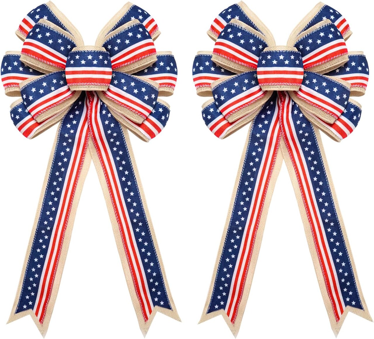 2 Pcs 4th of July Bow for Wreath Decorations,Red White Blue Stripe Stars and Burlap Tree Topper Bows for Patriotic Independence Day Memorial Day Veteran's Day Outdoor Decor